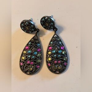 Pink and Blue Teardrop Statement Earrings vintage look multicolor dangle